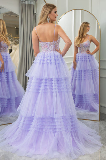 Lilac A Line Tulle Tiered Long Corset Prom Dress With Appliques